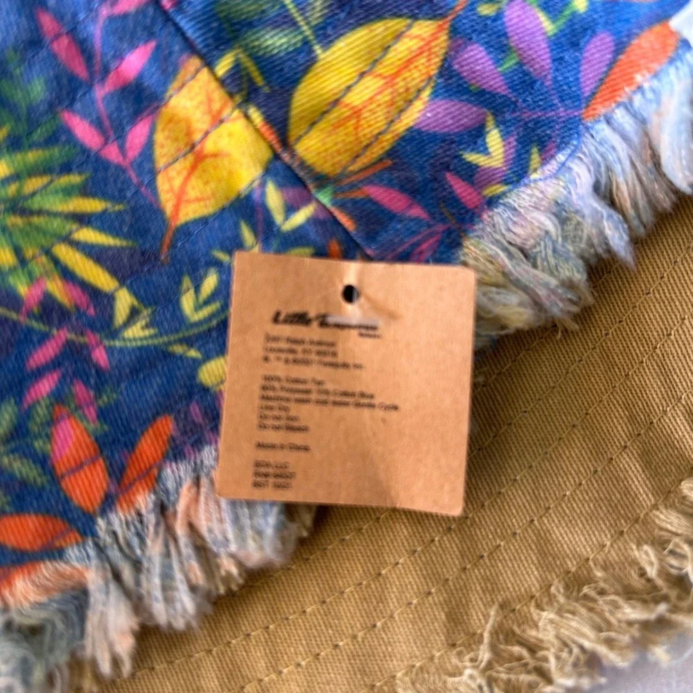 Little Brownie Bakers Reversible Tropical Leaf Bucket‎ Hat Blue Tan Frayed Edge